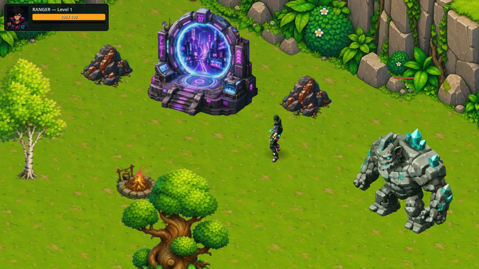 A Runner on open ground, between a teleport gate and a crystal golem